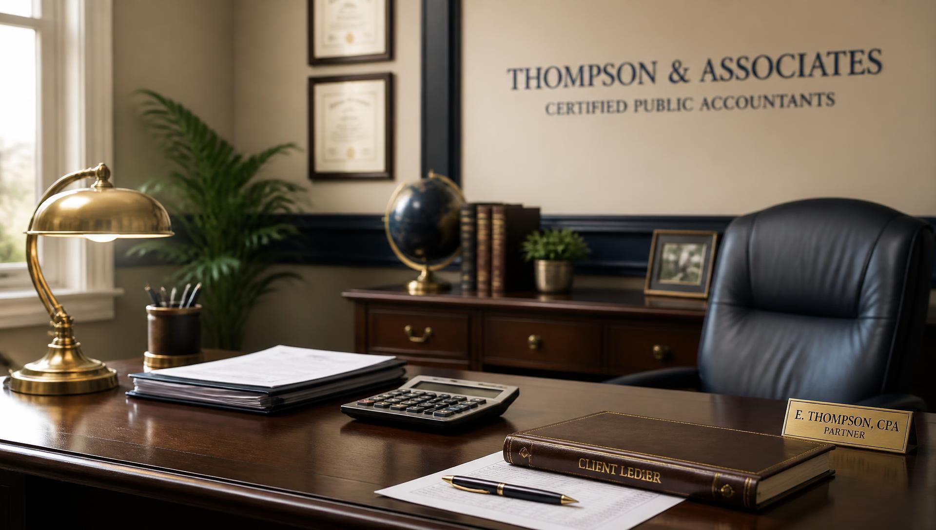 Professional accounting office desk with ledger, calculator, and brass desk lamp
